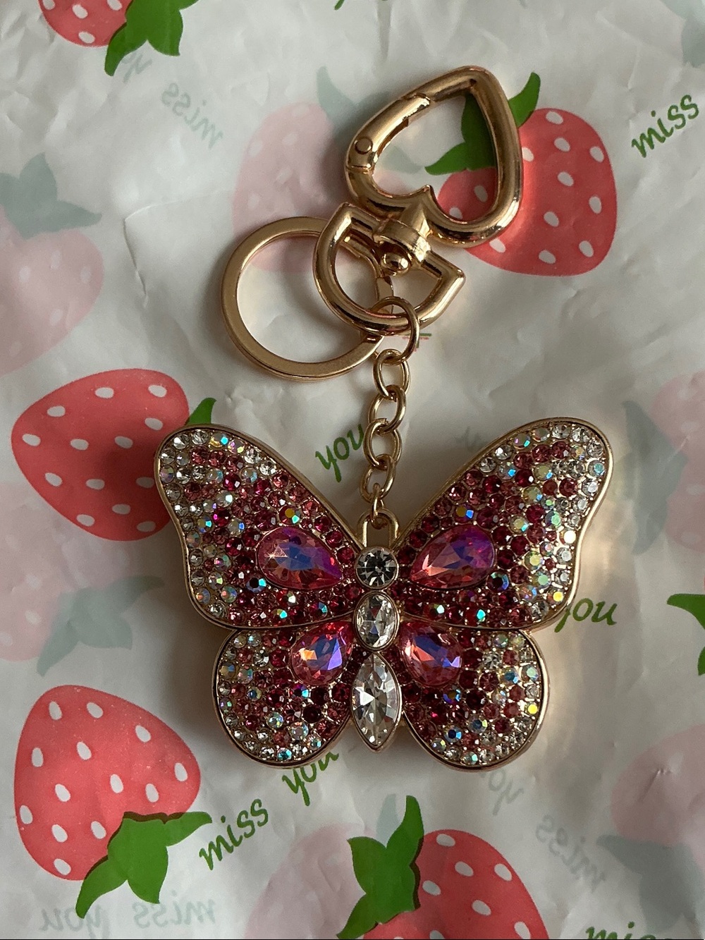 Gold Butterfly Crystal Keychain - Pink Crystal Accent